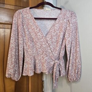 Meraki Floral Faux Wrap Blouse - Light Pink Sz Small